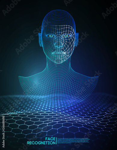 Robot blue eyes android with detailed iris and pupil. Facial recognition concept with sensor and face identity. 3D scanning.