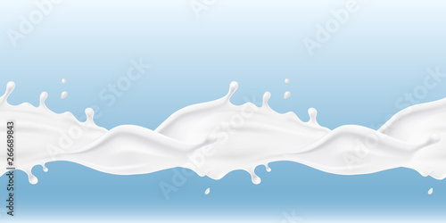 Milk splash seamless pattern. 3d realistic yogurt wave border. Vector milky package design.