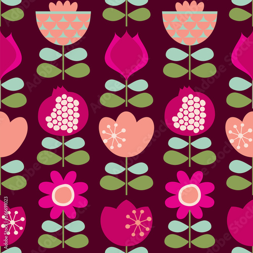 Scandinavian flowers on a dark background. Seamless pattern. Vector illustration.