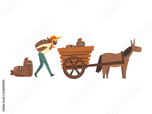 Male Farmer in Straw Hat Loading Coffee Bags into Donkey Cart, Coffee Industry Production Stage Vector Illustration