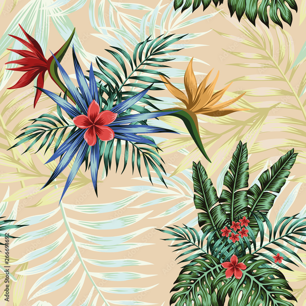 Tropical composition flowers leaves seamless pattern background - obrazy, fototapety, plakaty 