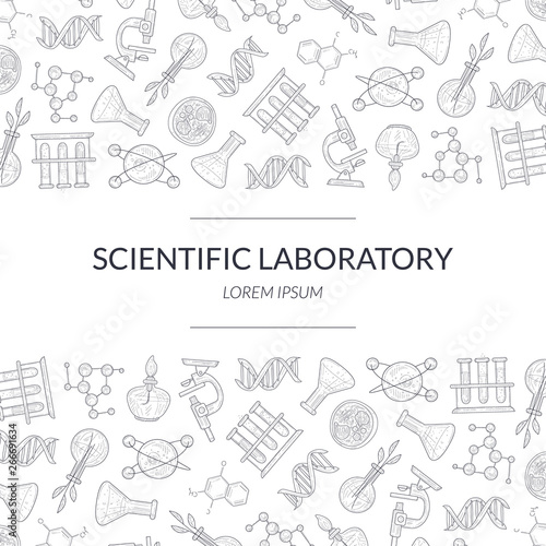Scientific Research Banner Template with Laboratory Equipment Pattern, Medicine, Science, Technology Vector Illustration