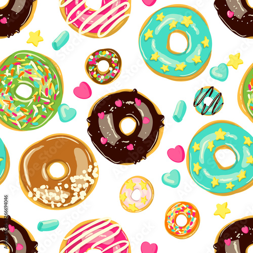 Glazed Donuts seamless pattern. Bakery Vector Cartoon style illustration. Top View doughnuts