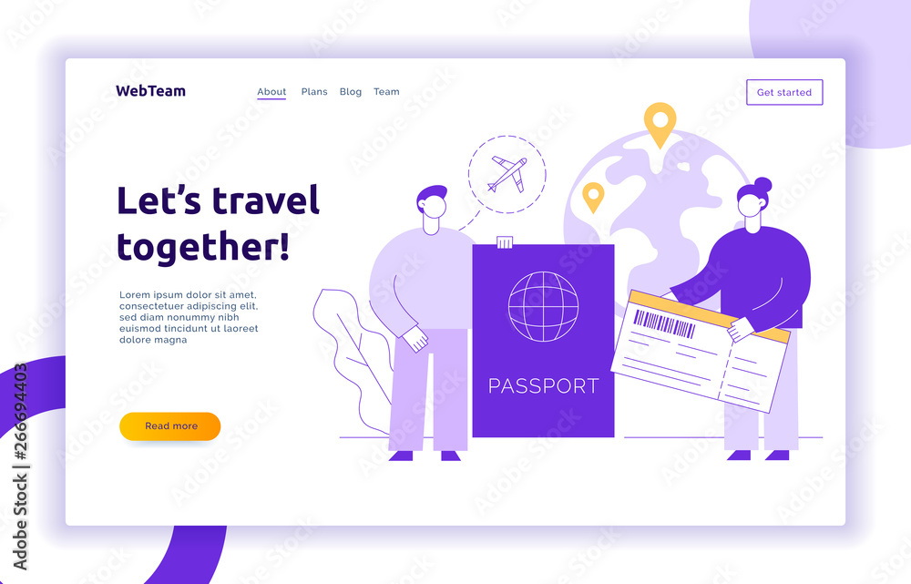 Vector travel illustration with big modern people, man and woman traveling around the world. Vector travel illustration with big modern people, man and woman traveling around the world.