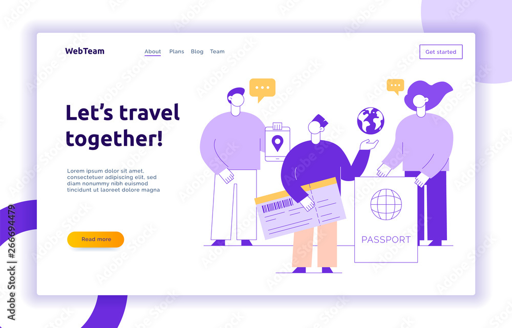 Vector travel illustration with big modern people discussing vacation Vector travel illustration with big modern people discussing vacation
