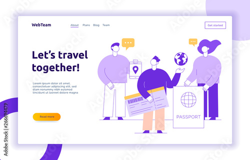 Vector travel illustration with big modern people discussing vacation