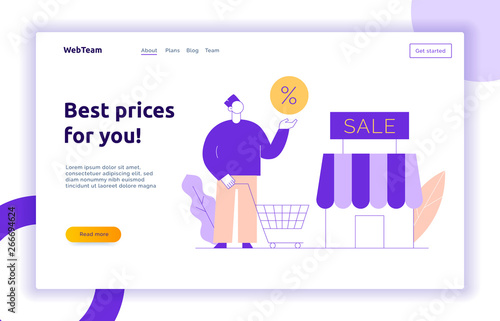 Vector sale online shopping modern banner with big man and shop
