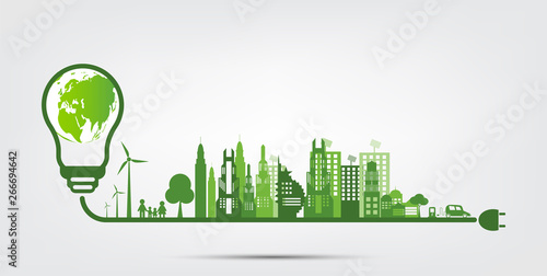 Illustration of a sustainable city powered by green energy, featuring eco-friendly buildings, wind turbines, and a lightbulb Earth.