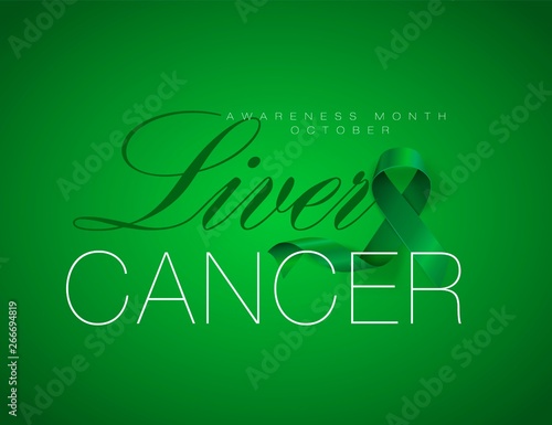 Liver Cancer Awareness Calligraphy Poster Design. Realistic Emerald Green Ribbon. October is Cancer Awareness Month. Vector