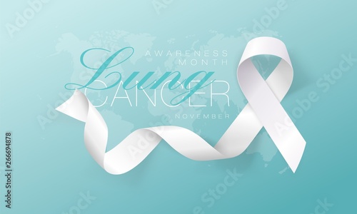 Lung Cancer Awareness Calligraphy Poster Design. Realistic White Ribbon. November is Cancer Awareness Month. Vector Illustration