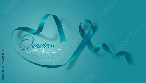 Ovarian Cancer Awareness Calligraphy Poster Design. Realistic Teal Ribbon. September is Cancer Awareness Month. Vector