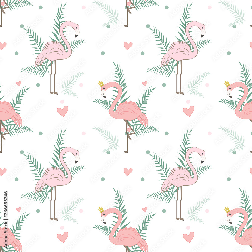 Flamingo and palm with heart seamless pattern background Flamingo and palm with heart seamless pattern background