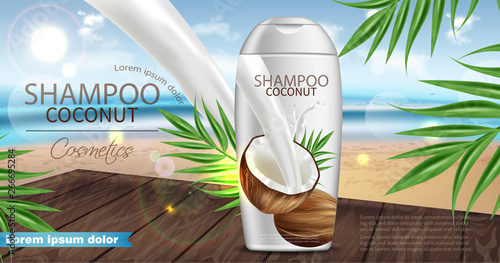 Coconut shampoo Vector realistic. Product packaging mock up. Tropic background coconut milk splash. 3d detailed illustrations