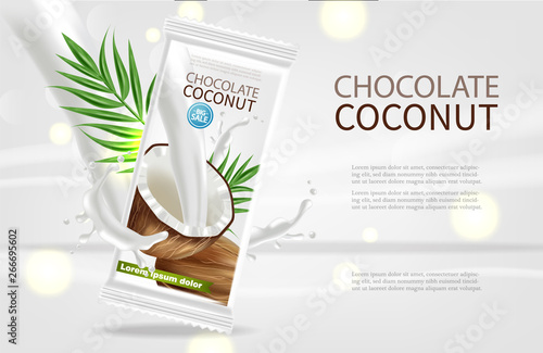Coconut chocolate Vector realistic mock up. Product packaging label design. 3...