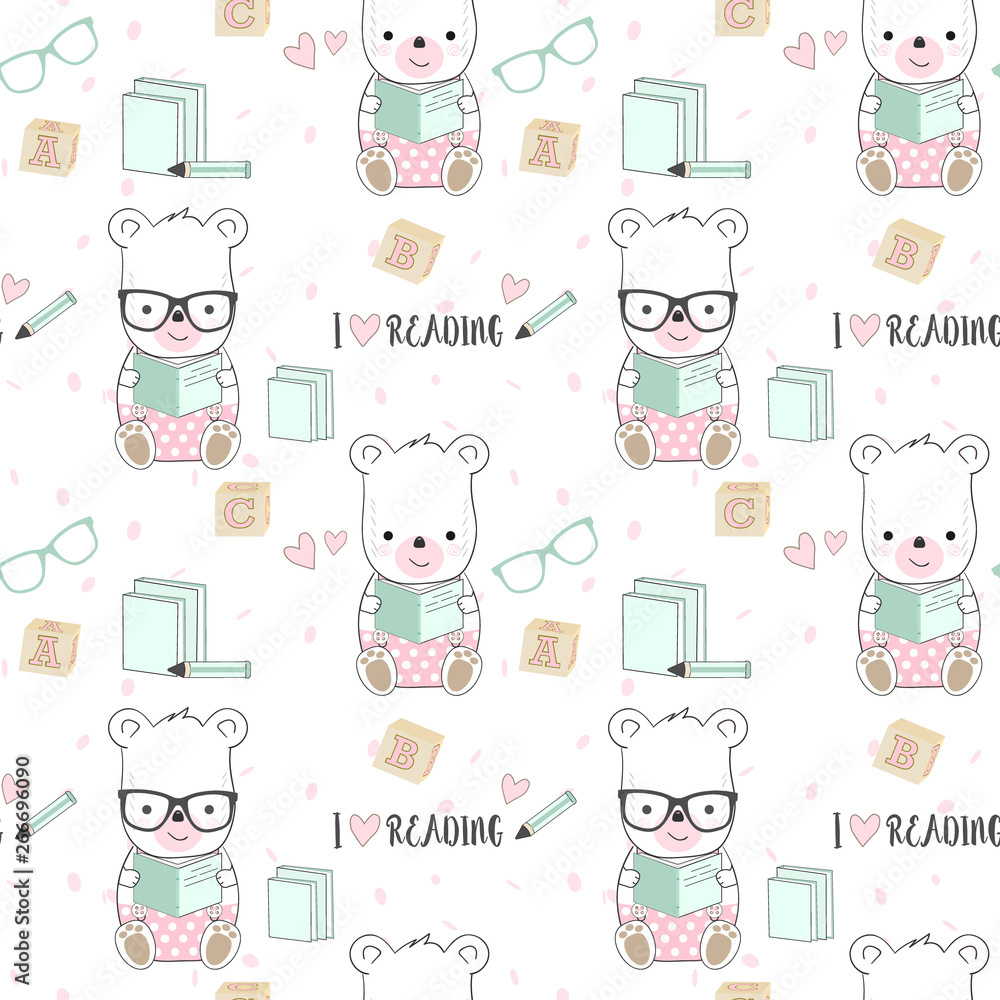 Cute bear and reading book seamless pattern illustration background
