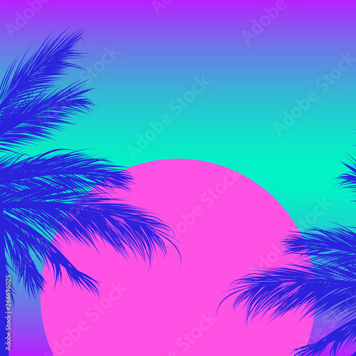 Silhouettes of palm trees on a gradient background with pink sun. Sintwave