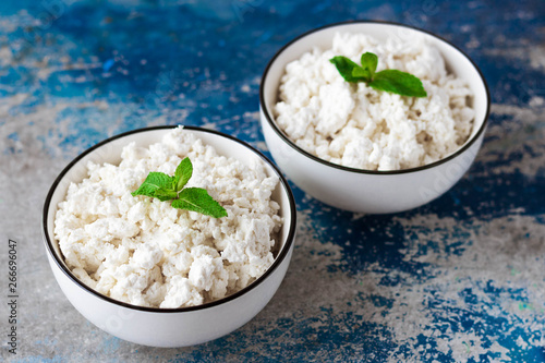Cottage cheese with mint leaves on a light background in white bowl