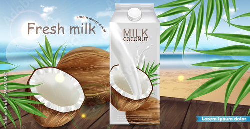 Coconut milk Vector realistic mock up. Milk splash label design. Tropic background. Product packaging 3d detailed containers