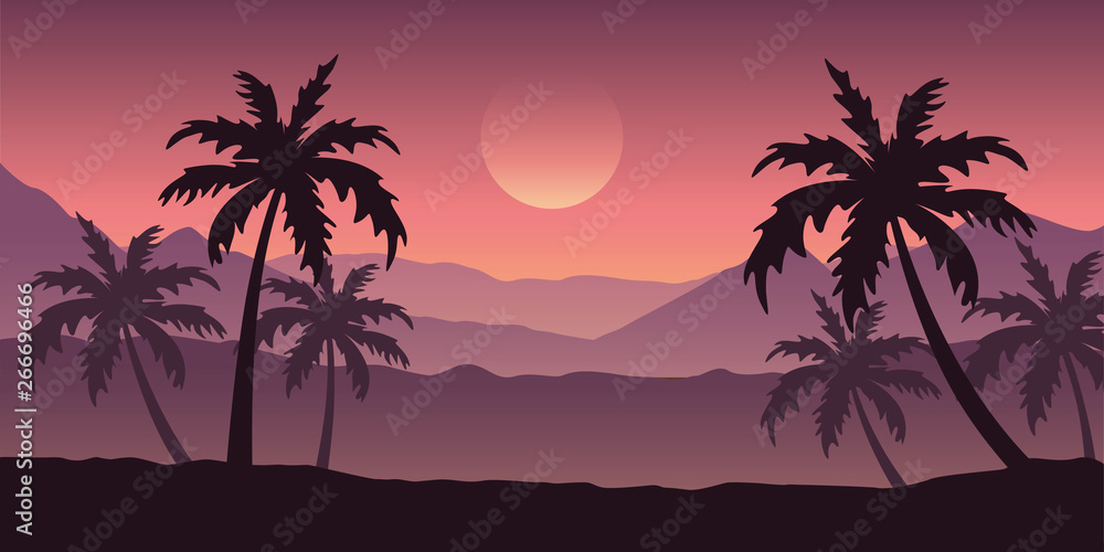 Fototapeta beautiful palm tree silhouette landscape in purple colors vector illustration EPS10