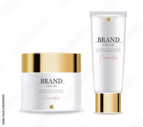 Cosmetics cream moisturizer isolated Vector realistic. Product packaging mockup. Detailed white bottles with label design. 3d template illustrations
