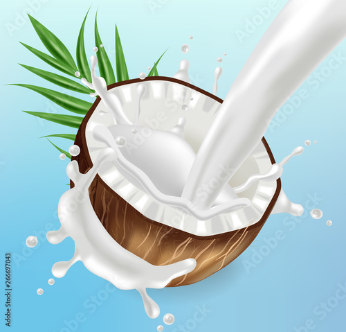 Coconut in milk splash Vector realistic. template tropic exotic background. Fruit yogurt or milk layouts