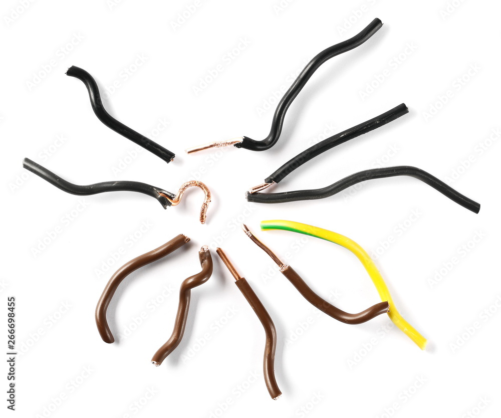 Colorful insulated wires isolated on white background, top view