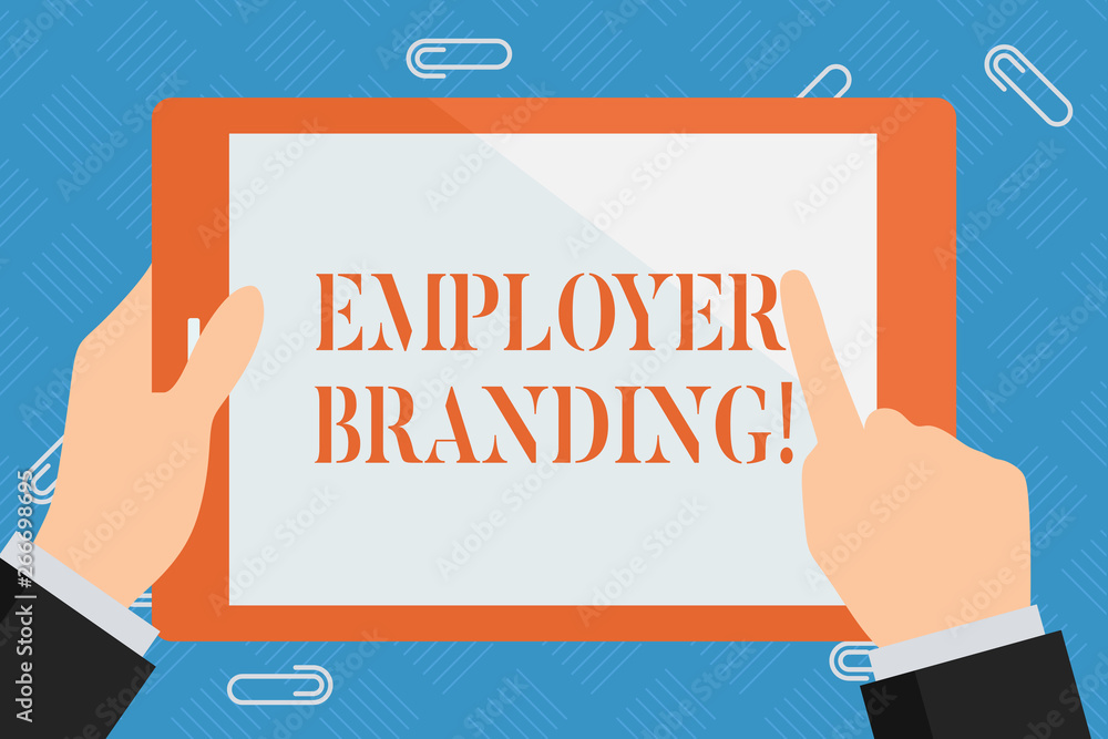 Conceptual hand writing showing Employer Branding. Concept meaning process of articulating your company s is unique message Hand Holding Pointing Touching Color Tablet White Screen Conceptual hand writing showing Employer Branding. Concept meaning process of articulating your company s is unique message Hand Holding Pointing Touching Color Tablet White Screen
