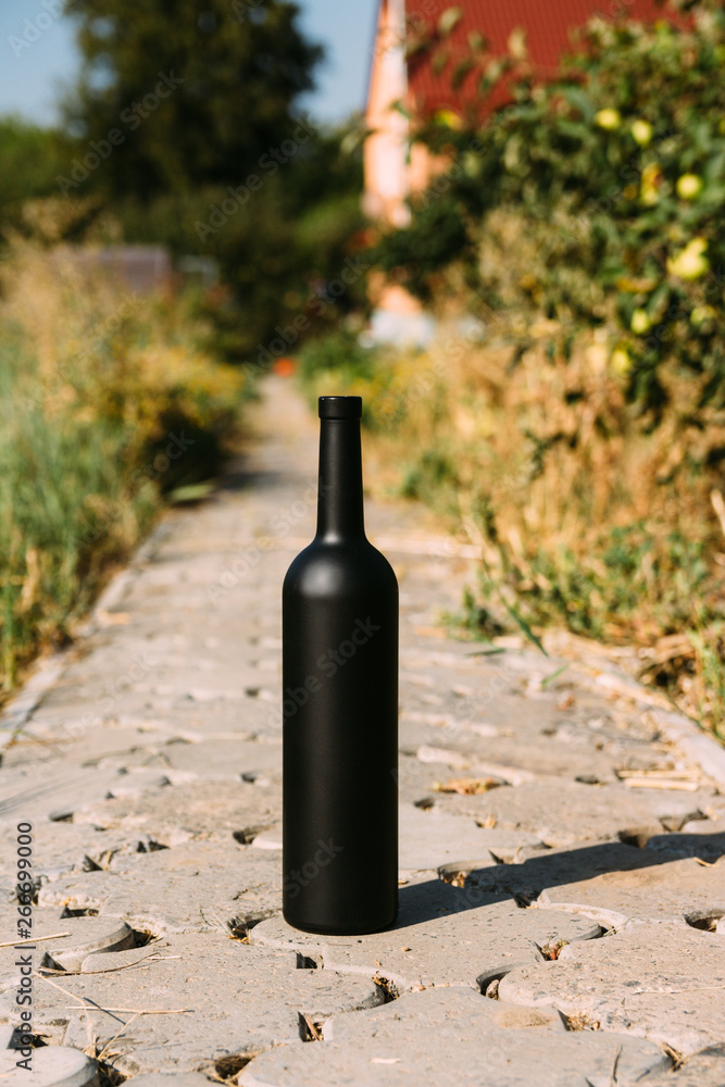 black bottle on the road from the tiles, the village, rural alcoholism, drunkenness. alcoholic illness. wine natural drink. wine