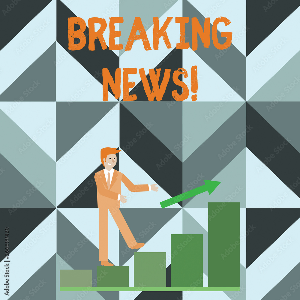 Writing note showing Breaking News. Business concept for Newly received info about an event and currently occurring Smiling Businessman Climbing Bar Chart Following an Arrow Up Writing note showing Breaking News. Business concept for Newly received info about an event and currently occurring Smiling Businessman Climbing Bar Chart Following an Arrow Up