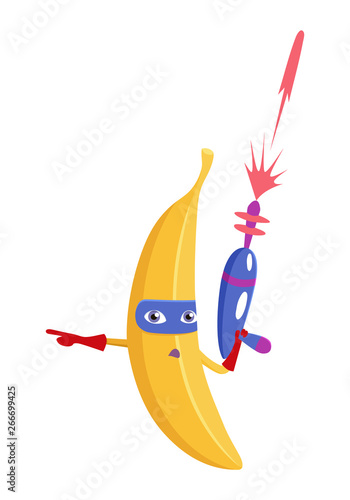 Banana character fruit in superhero costume. Concept of healthy diet, natural vegetarian organic products. Cute fruit banana in cloak super hero in mask.