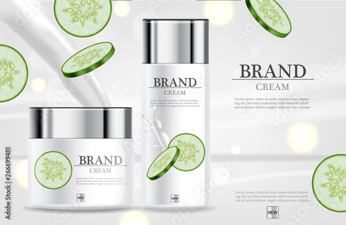 Cucumber cream moisturizer hydration Vector realistic. Product packaging mockup cosmetics. Detailed white bottles with label design. 3d template illustrations