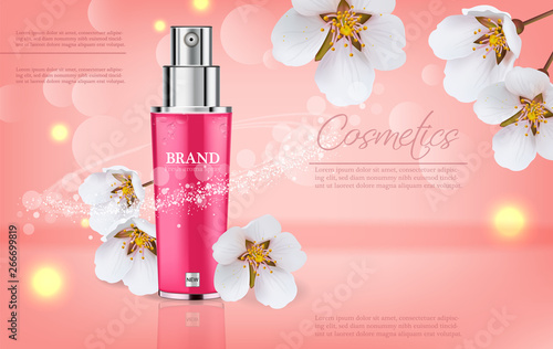 Cherry blossom spray cosmetics Vector realistic. Product packaging mockup. Mo...