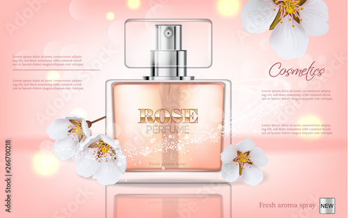 Perfume bottle Vector realistic. Product packaging mockup. Fresh spring aroma...