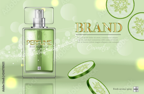 Perfume bottle Vector realistic. Product packaging mockup. Fresh cucumber green scent. 3d template illustrations