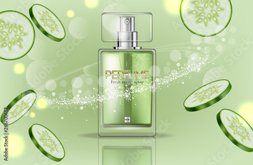Perfume bottle Vector realistic. Product packaging mockup. Fresh cucumber green scent. 3d template illustrations