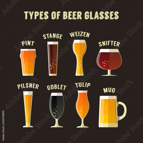 Types of beer glasses, eight glasses set 