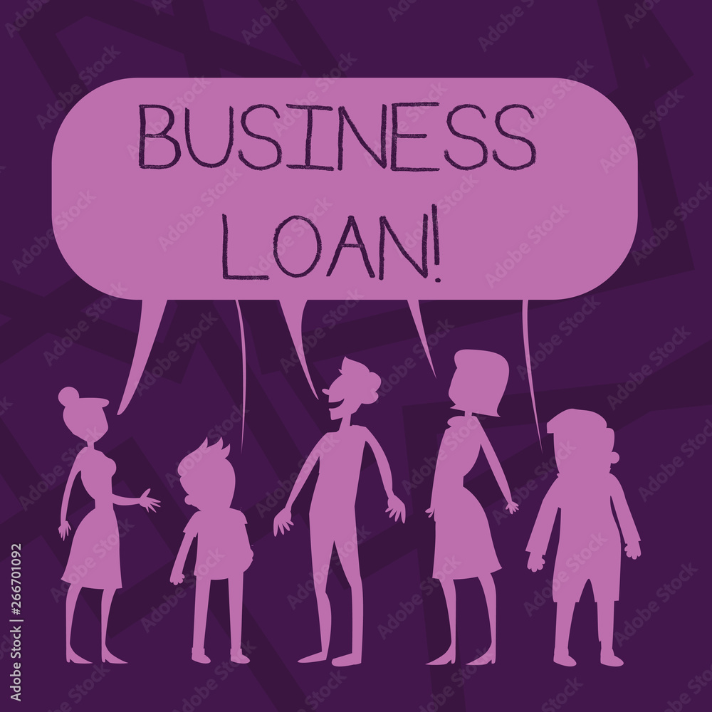 Text sign showing Business Loan. Business photo showcasing Loans provided to small businesses for various purposes Silhouette Figure of People Talking and Sharing One Colorful Speech Bubble Text sign showing Business Loan. Business photo showcasing Loans provided to small businesses for various purposes Silhouette Figure of People Talking and Sharing One Colorful Speech Bubble