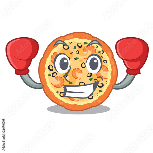 Boxing seafood pizza served on character plate