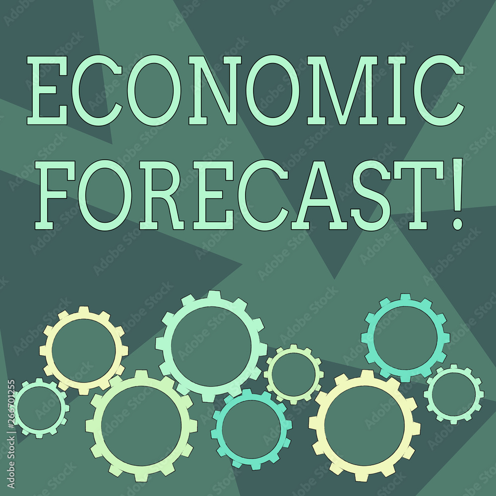 Conceptual hand writing showing Economic Forecast. Concept meaning attempting to predict the future condition of the economy Cog Wheel Gear Engaging, Interlocking and Tesselating