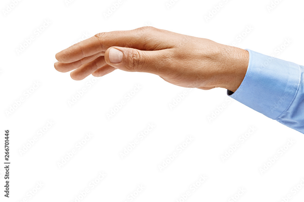 Man's hand in shirt sign isolated on white background. Inverted open palm, close up. High resolution product Man's hand in shirt sign isolated on white background. Inverted open palm, close up. High resolution product
