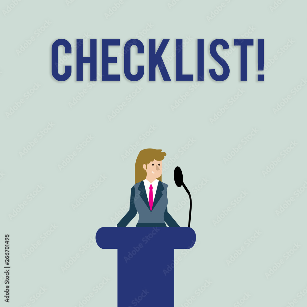 Obraz premium Text sign showing Checklist. Business photo text list items required things be done or points considered Businesswoman Standing Behind Podium Rostrum Speaking on Wireless Microphone