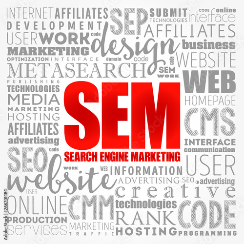 SEM (Search Engine Marketing) word cloud collage, technology business concept background