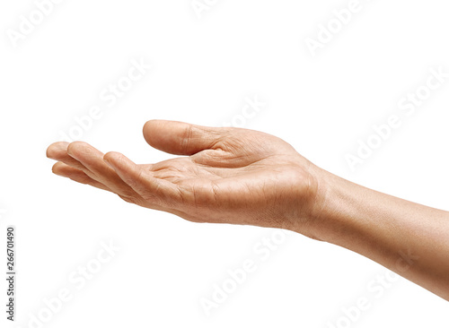 Man's hand sign isolated on white background. Palm up, close up. High resolution product © Romario Ien