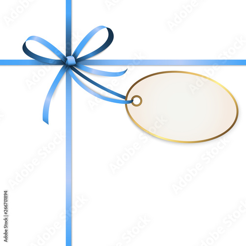 blue colored ribbon bow with hang tag