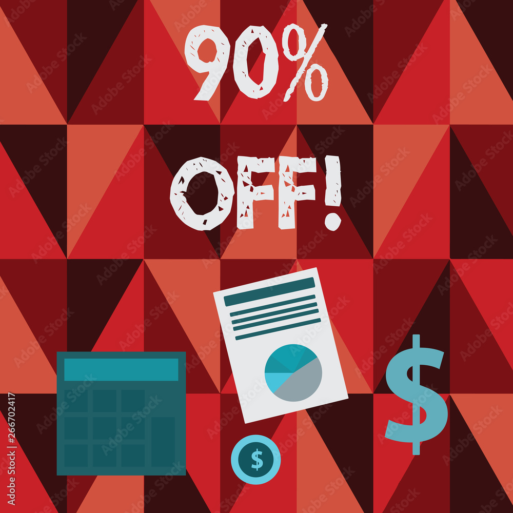 Obraz premium Conceptual hand writing showing 90 Percent Off. Concept meaning 90 percent reduction on the original price of a product Dollar Investment in Gold and Presenting Data thru Pie Chart