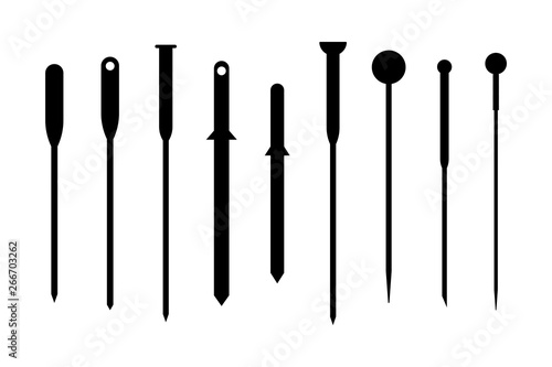 Acupuncture needles set of different types, hand drawn doodle, sketch in pop art style, black and white outline