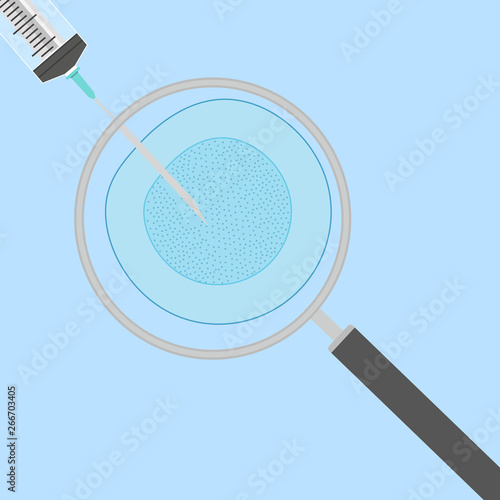 Medical operation, syringe thin needle or laser in cell invitro injection. Medicine biology, cell genetics and innovation healthcare technology, nuclear microbiology and cancer treatment