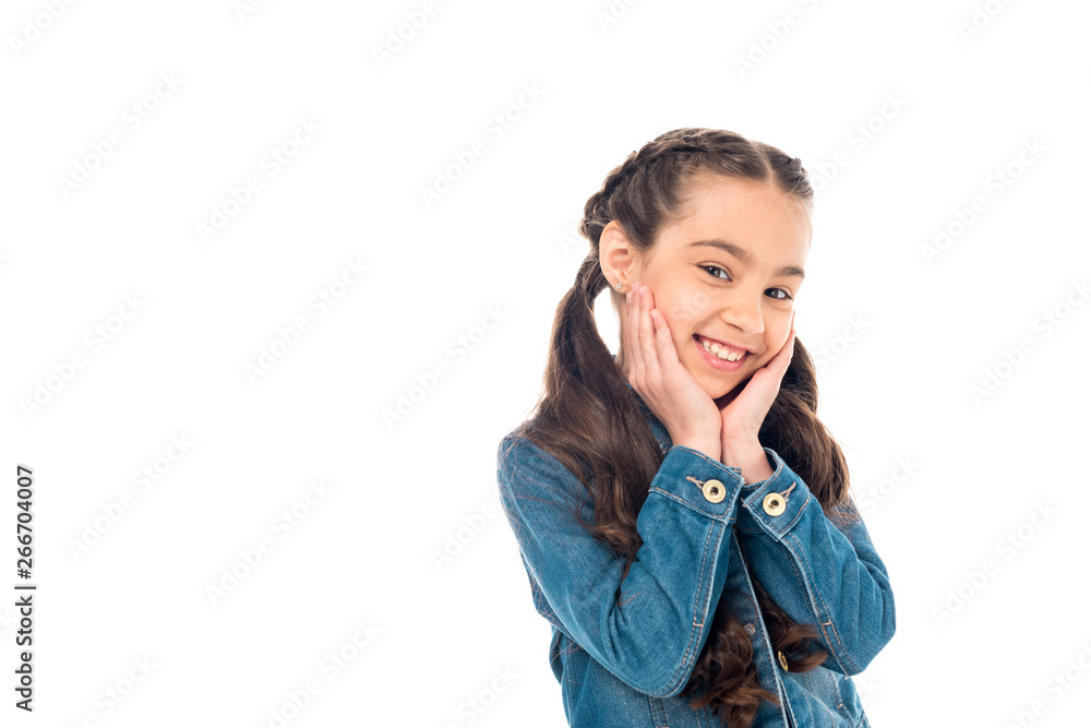 smiling kid in denim jacket posing isolated on white smiling kid in denim jacket posing isolated on white