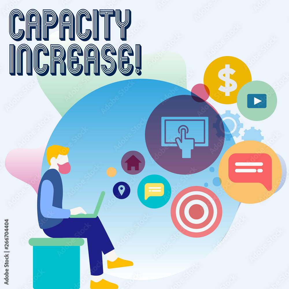 Word writing text Capacity Increase. Business photo showcasing meet an actual increase in deanalysisd, or an anticipated one Man Sitting Down with Laptop on his Lap and SEO Driver Icons on Blank Space