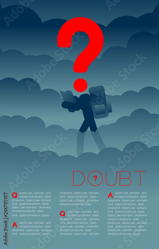 Doubt man traveler with Question mark icon pictogram blue and red, Social issues: Pollution PM 2.5 concept template layout design illustration isolated on dark gradients background, with space